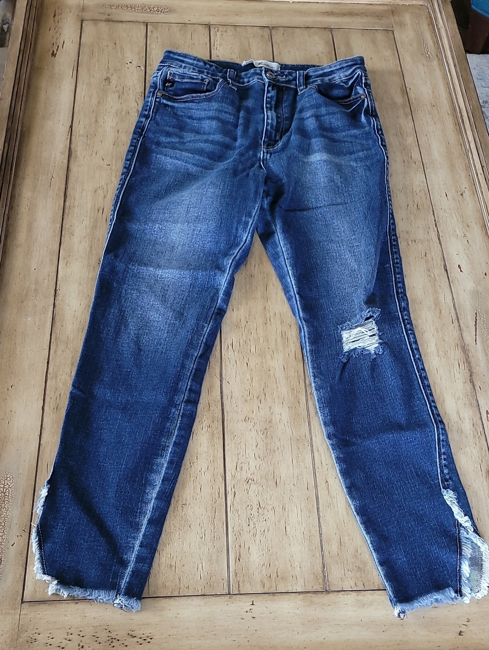 KanCan Indigo Straight-Leg Jeans with Distressed Hem and Knee Rip